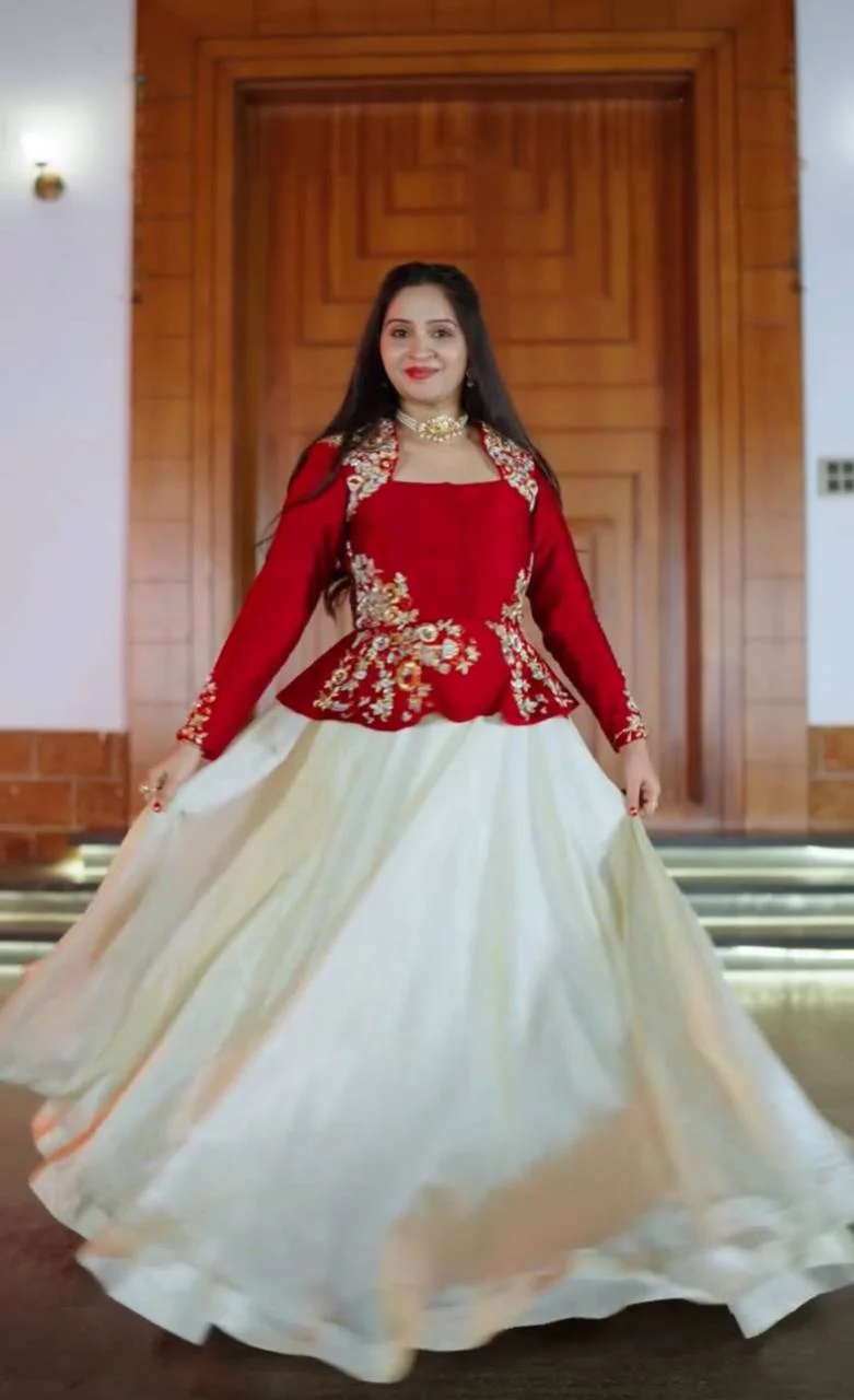 Elegant Red Chinon Lehenga Set with Fully Stitched Embroidered Blouse