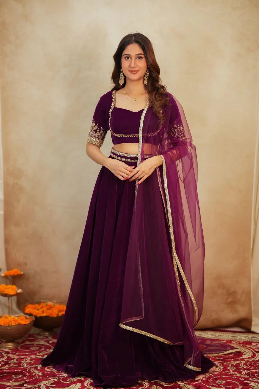 Royal 9000 Velvet Lehenga Choli with Dori & Sequence Embellished Border