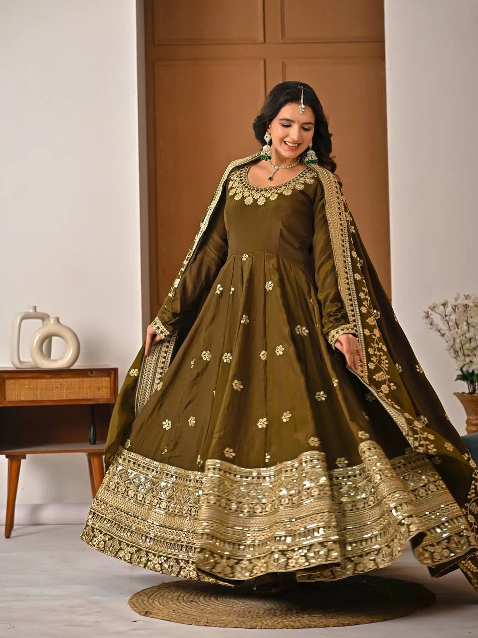 Festive Wear NC Vichitra Silk Anarkali with Cancan Flair, Pant & Dupatta