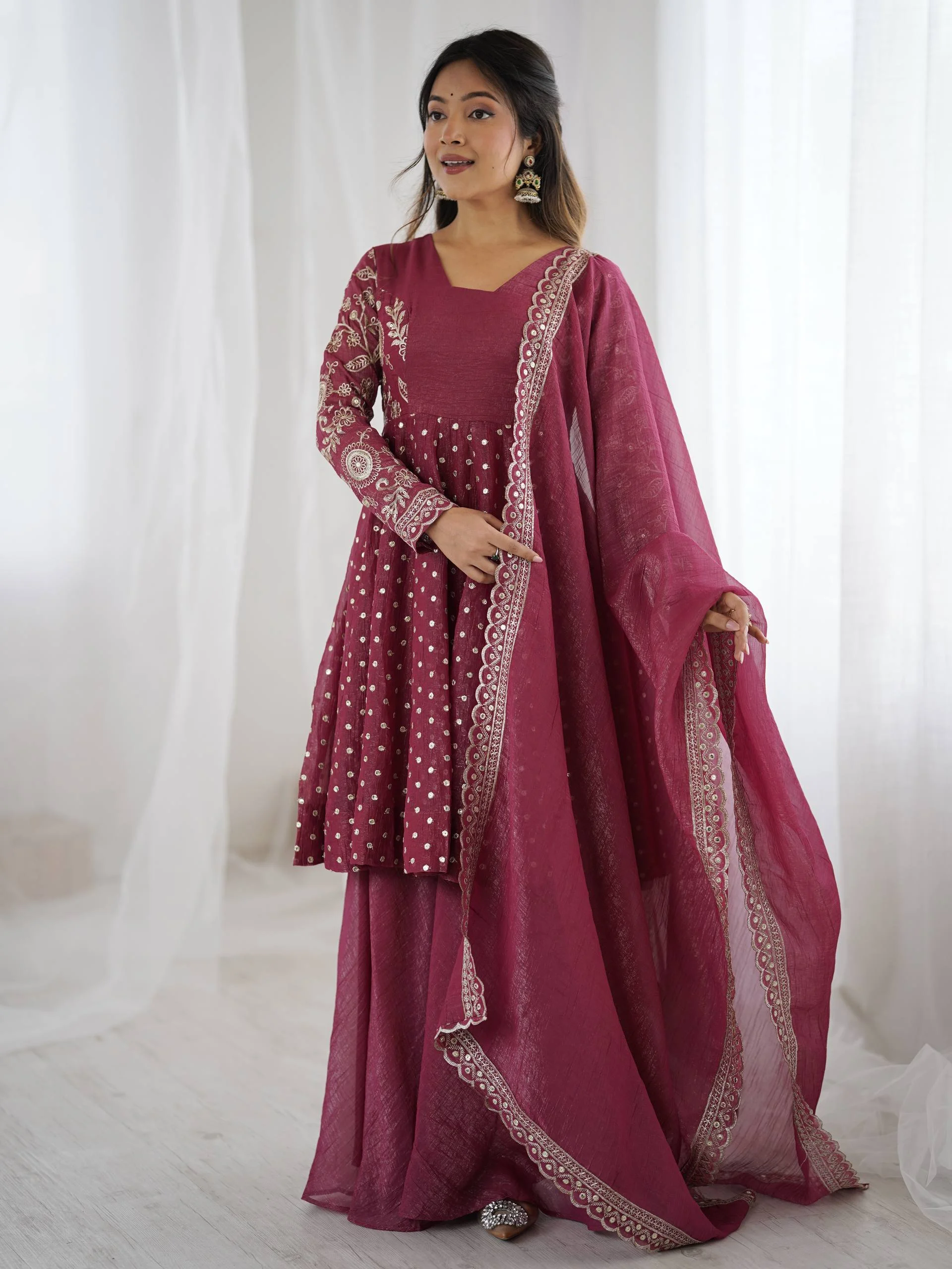 Elegant Sharara Set : Crunchy Silk Top With Full Flair Sharara & Dupatta