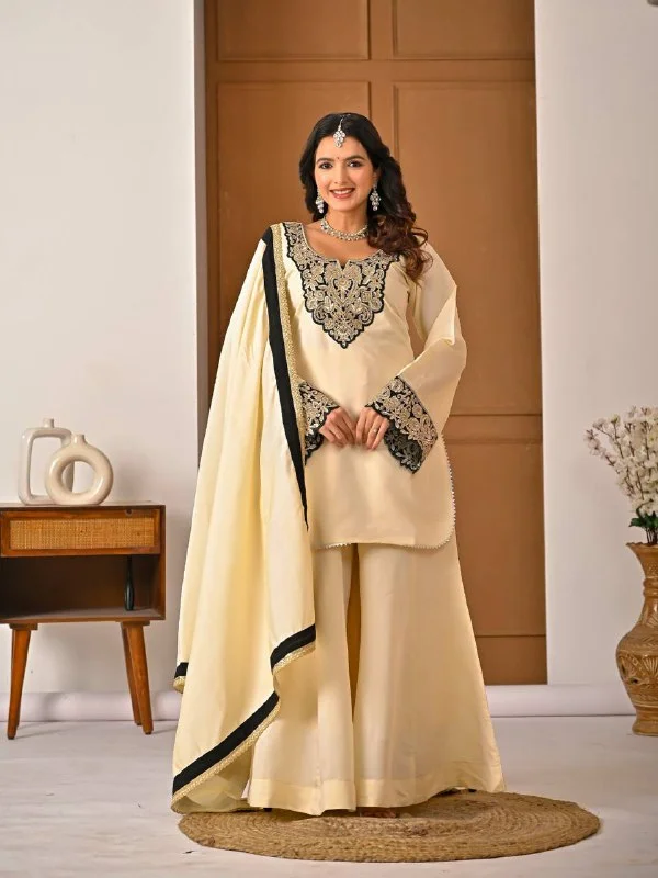 Elegant Roman Silk Sharara Suit with Embroidered Full Sleeve Top