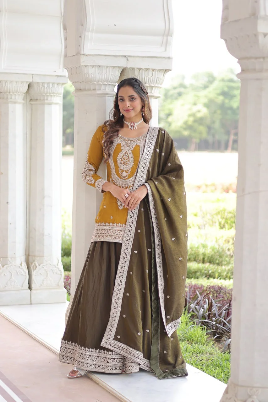 Premium NC Silk Round Neck Top Sharara Set with Lace Dupatta