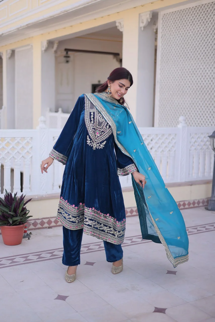 Premium Blue Velvet Round Neck Top Pant Set with Tebby Silk Dupatta