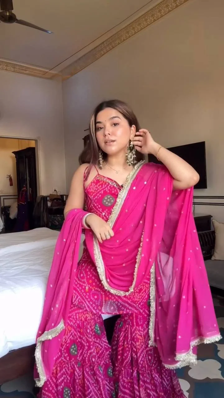 Stylish Faux Georgette Printed Top Sharara Suit with Dupatta