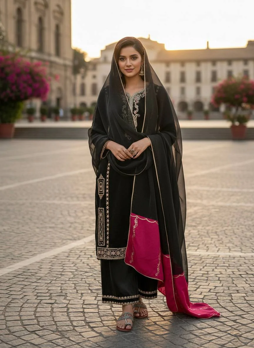 Festive Wear Black GMY Silk Top Plazzo Set with Fancy Sleeves