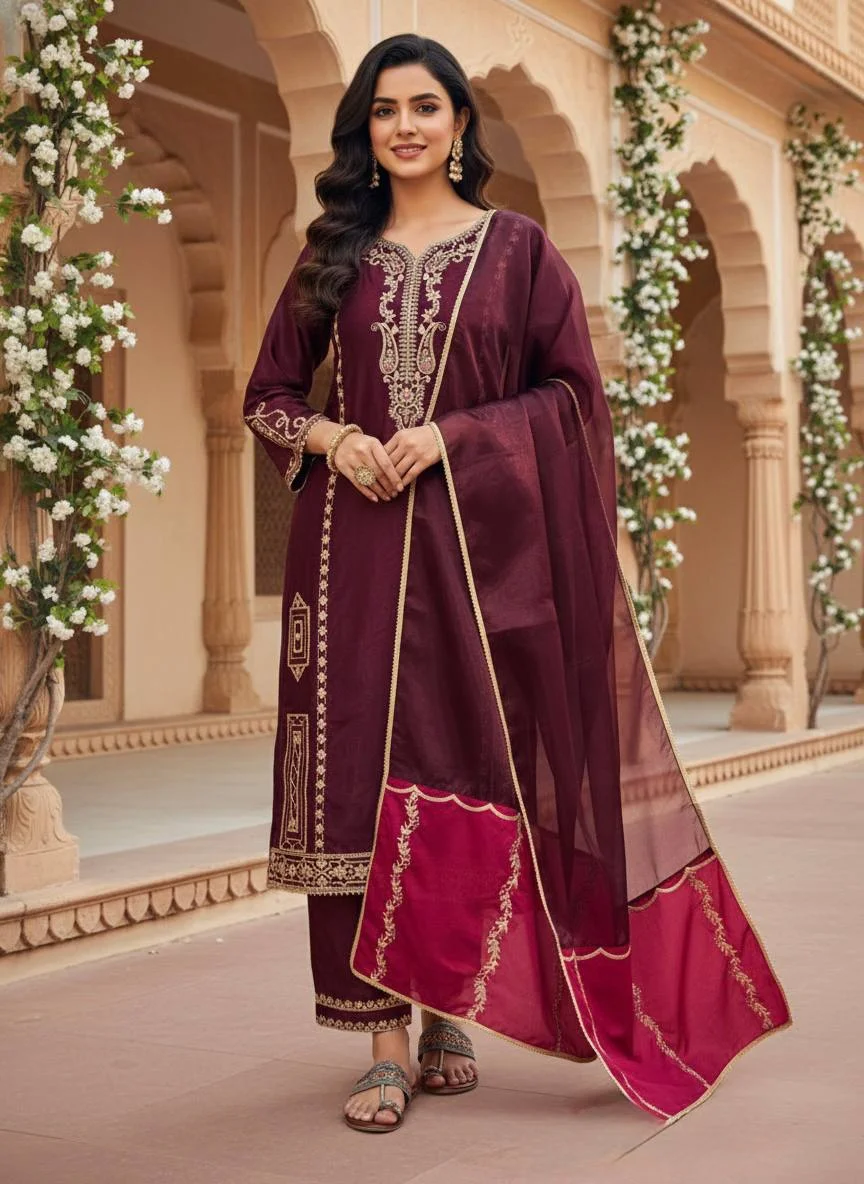 Luxury Maroon GMY Silk Sequence Embroidered Plazzo Suit Set