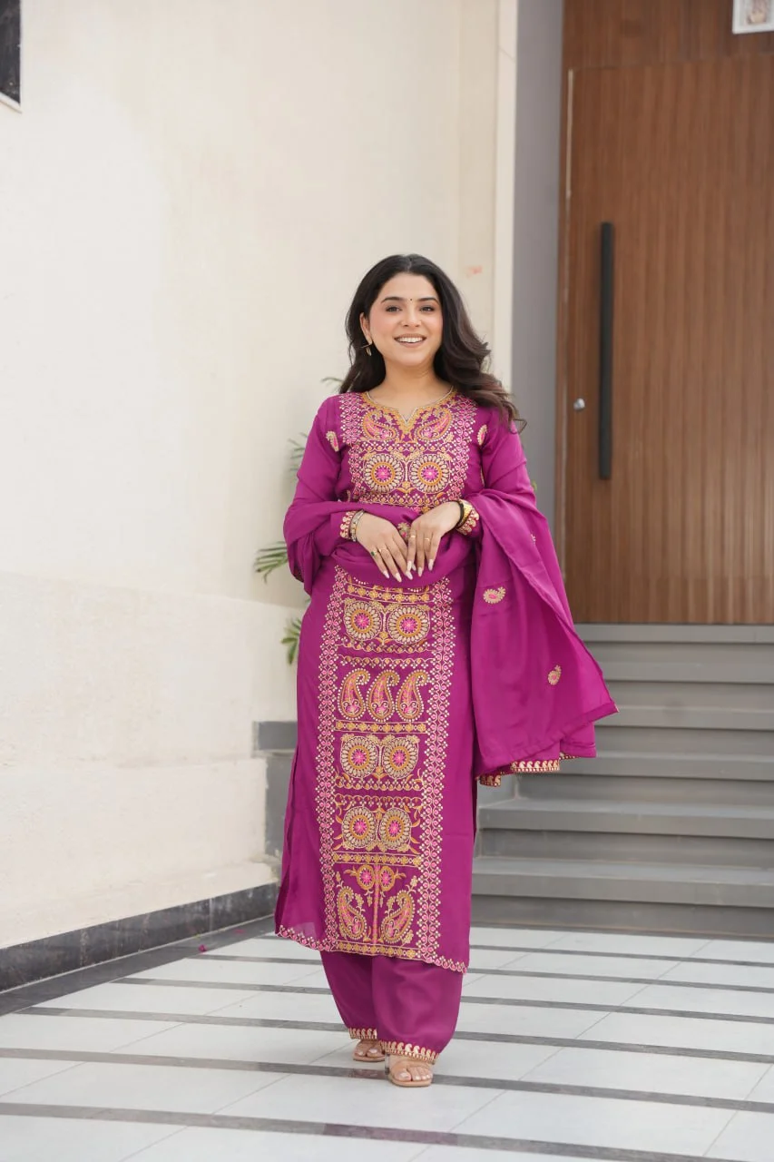 Classic Magenta Trio : Zari Thread Work Chinnon Silk Set