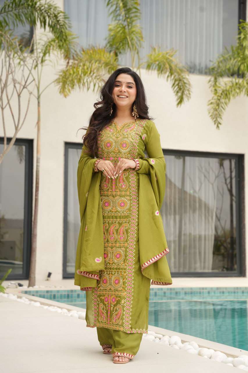 Timeless Green Elegance : Chinnon Embroidered Three-Piece Set