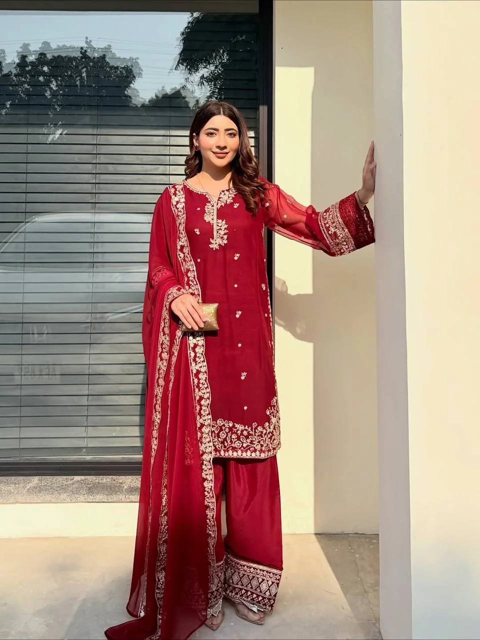 Ruby Red Sequin Embroidery Top & Plazzo Suit with Designer Dupatta