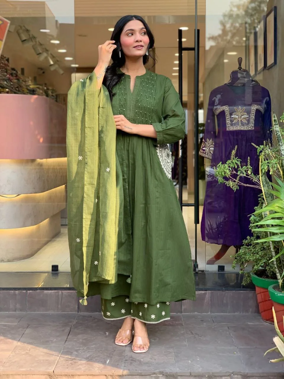 Elegant Green Handcrafted Cotton Suit Set with Matching Pant and Dupatta