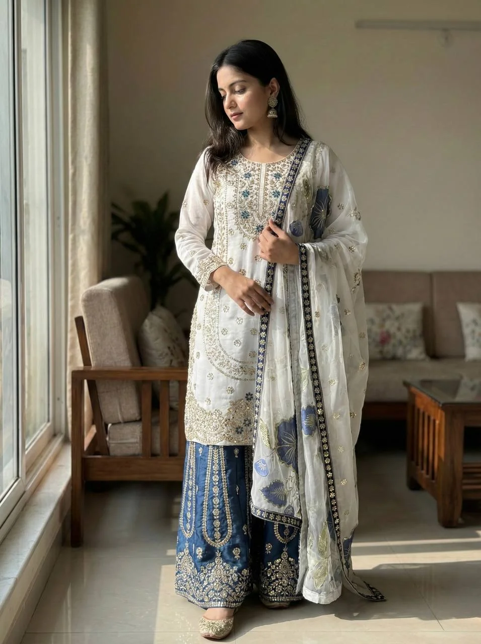 Luxury GMY Silk Ready-to-Wear Top Plazzo Set with Organza Dupatta