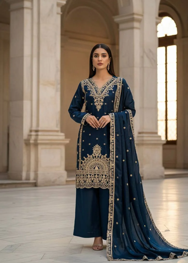 Classic Blue Jimmy Choo Top Plazzo with Matching Dupatta