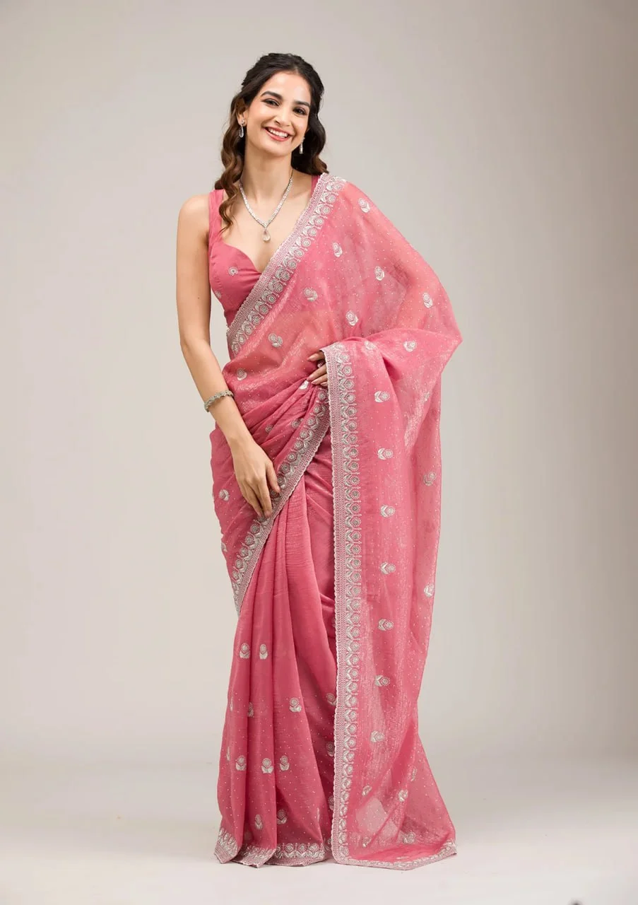 Party Wear Chiffon Saree with FancyCutwork Border & Diamond Embroidery