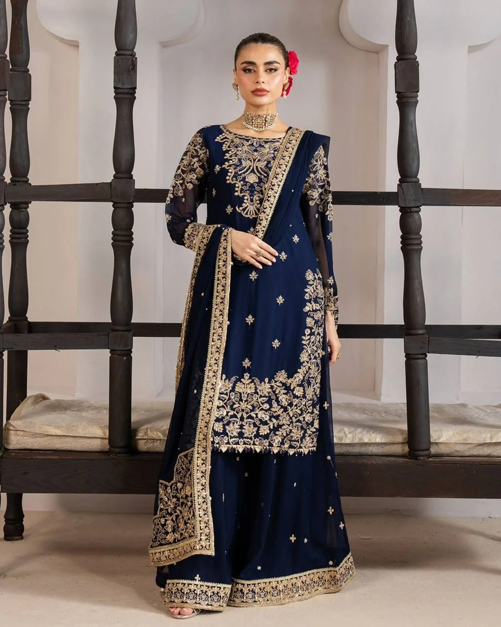 Luxury GMY Silk Embroidered Top Plazzo Set with Dupatta