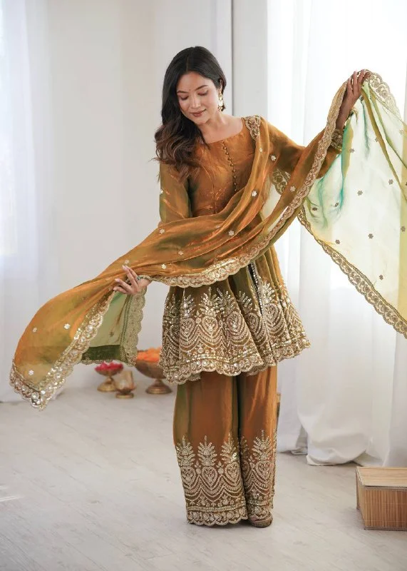 Chic Festive Wear Plazo Set – Two-Tone Fandy Silk with Real Mirror Work