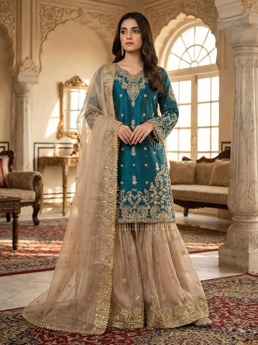 Luxury Eid Wear Sharara Suit in Heavy GMY Silk with Dori-Sequence Work