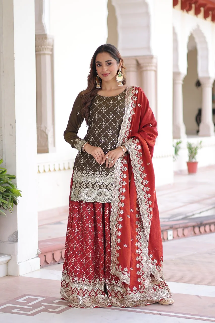 Royal Look Vichitra Silk Sharara Suit with Embroidered Dupatta