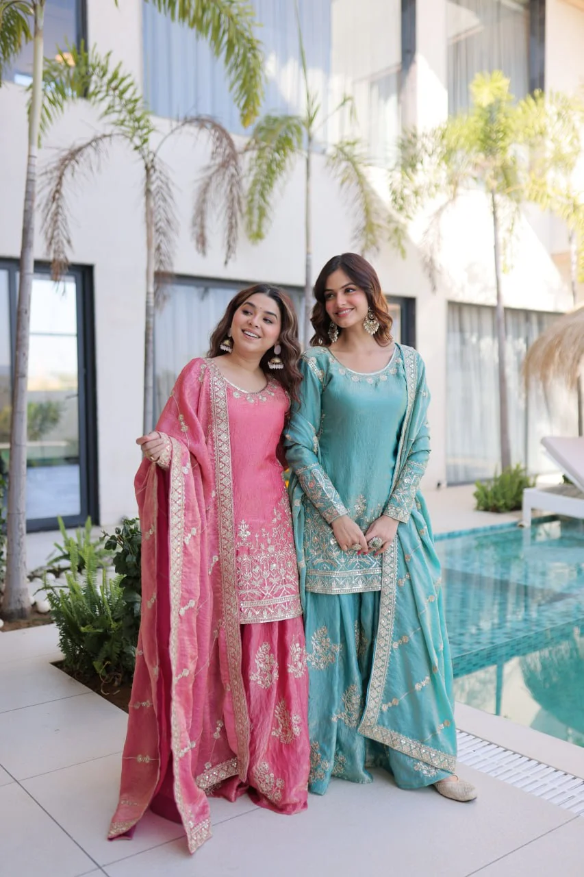 Designer Kurti Sharara Set – Fendi Crush with Zari & Sequence Embroidery