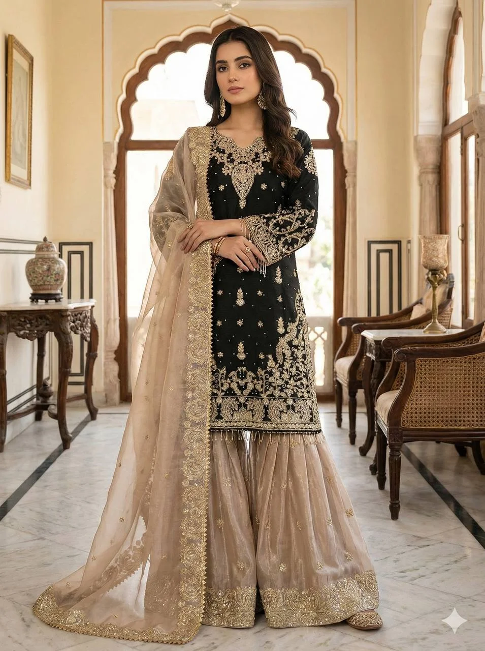 Royal GMY Silk Sharara Suit with Heavy Embroidery & Lace Dupatta