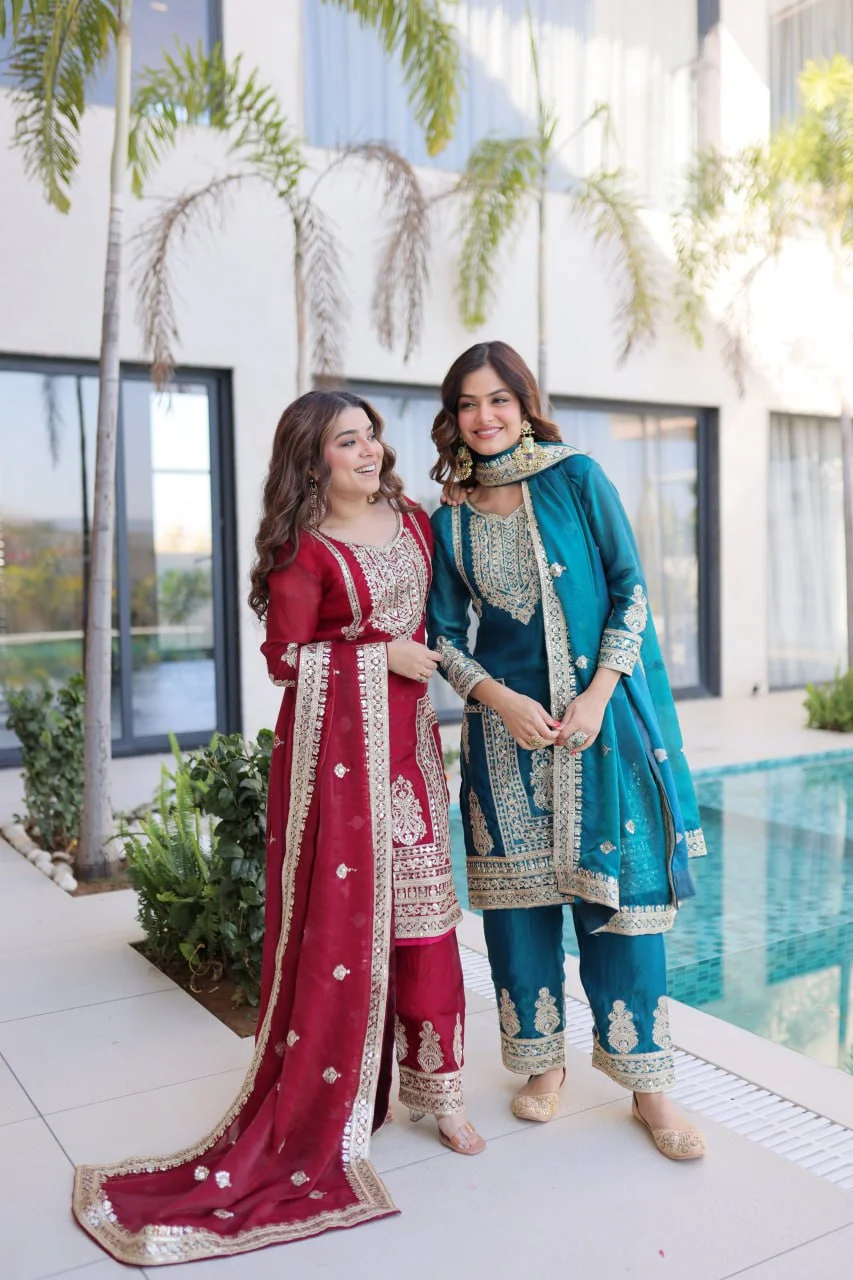 Elegant Eid Collection Fendi Silk Top Pant Dupatta with Sequence Embroidery