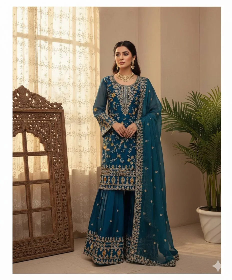 Premium Jimmy Choo Embroidered Top Sharara Set with Dupatta