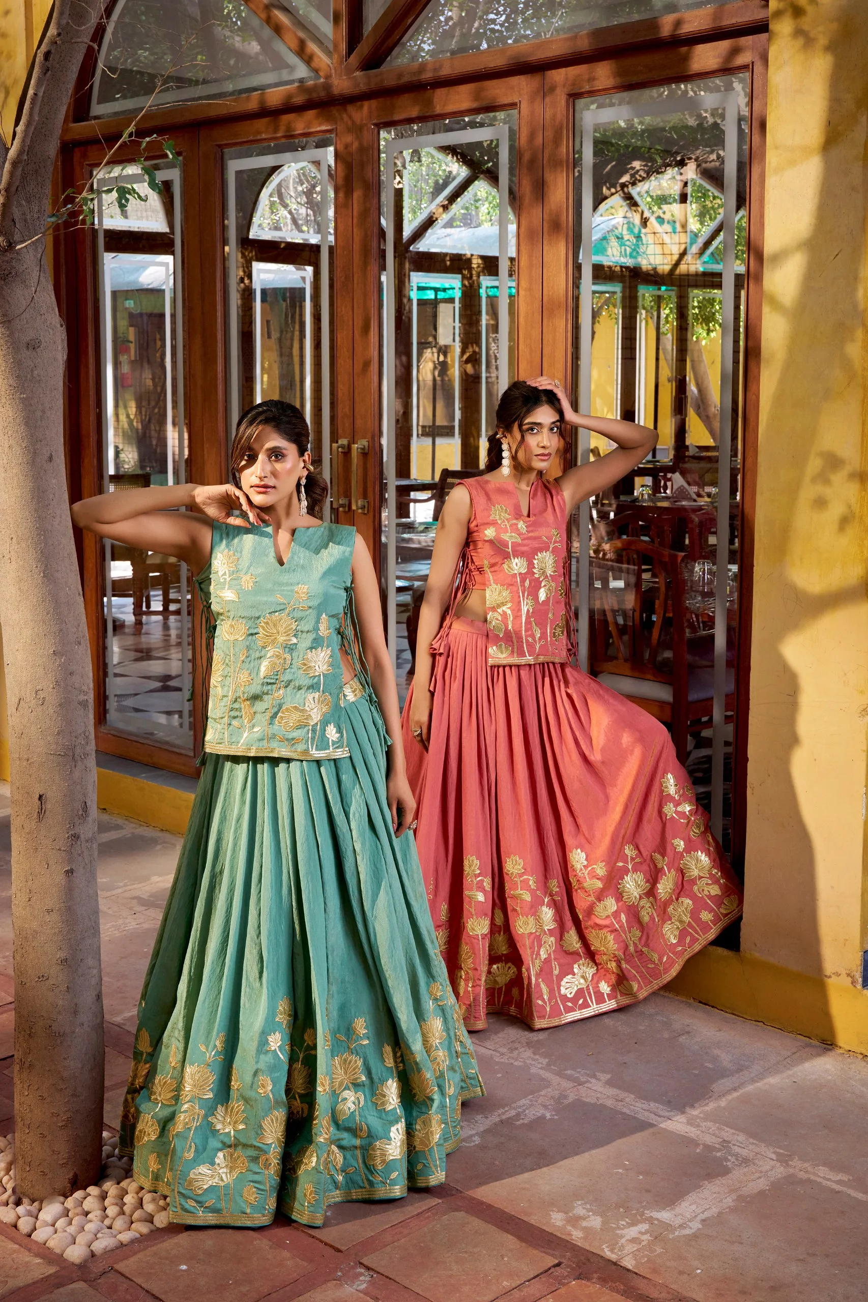 Pure Shimmer Embroidered Lehenga Set with Overlay Top & Stitched Blouse