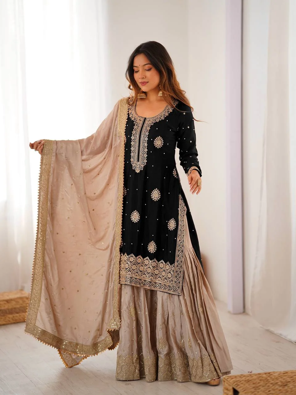Chinon Silk Top Sharara Set with Coding Sequence & Pearl Work Dupatta