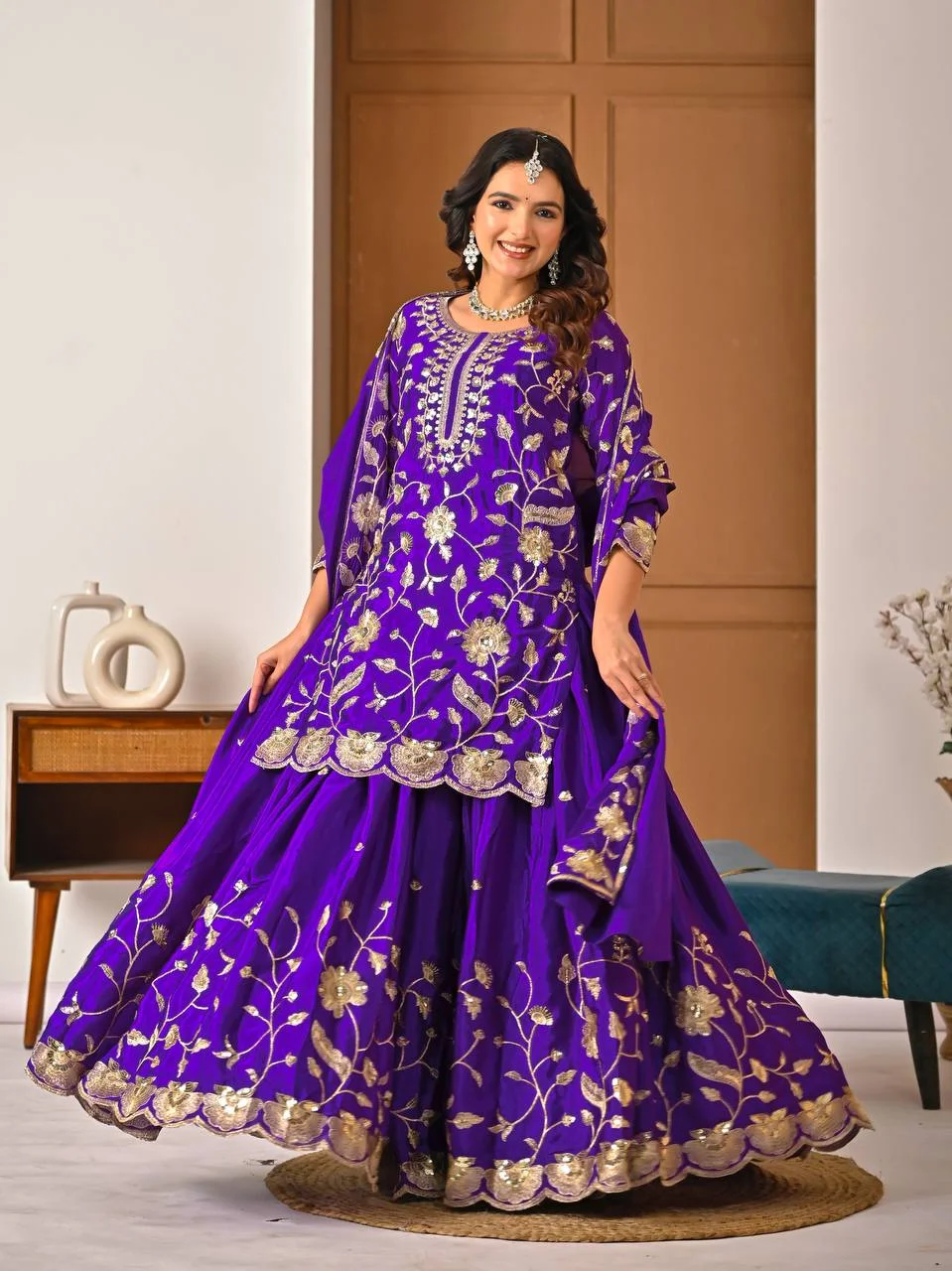 Designer Chinon Silk Top & Lehenga Set with Sequence Work