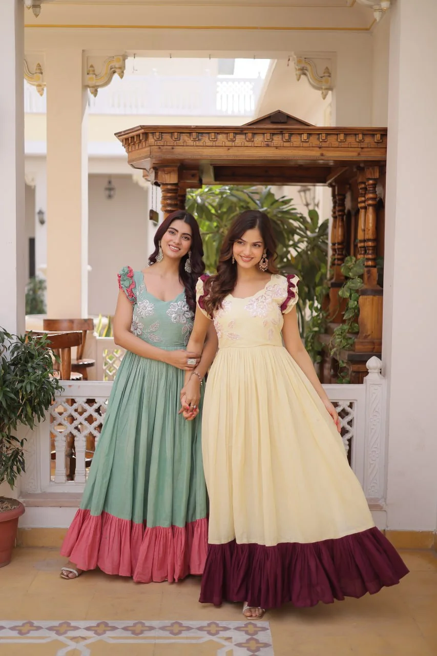 Party Wear Cotton Embroidered Gown with Double Frill Sleeves