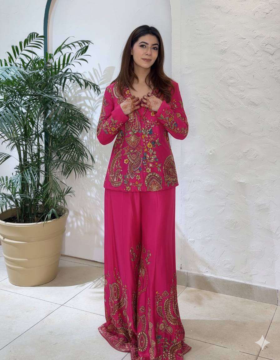 Stylish Chinon Koti with Embroidered Plazzo and Fully Stitched Blouse Set