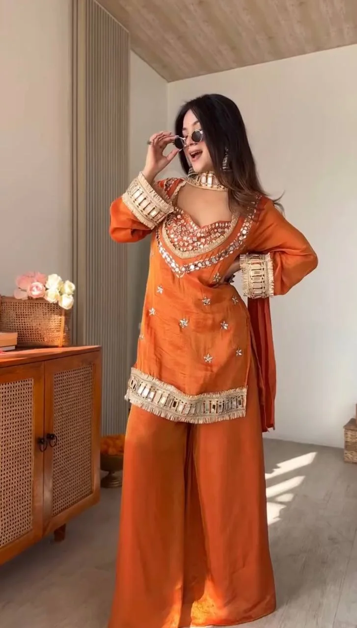 Festive Wear Fendy Silk Sharara Suit with Real Mirror Work