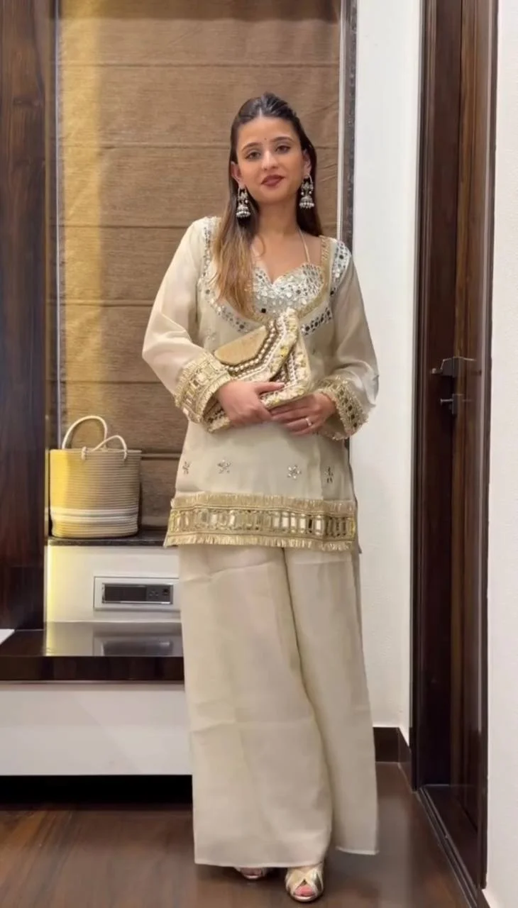 White Eid Festive Wear Fendy Silk Sharara Suit with Mirror Work
