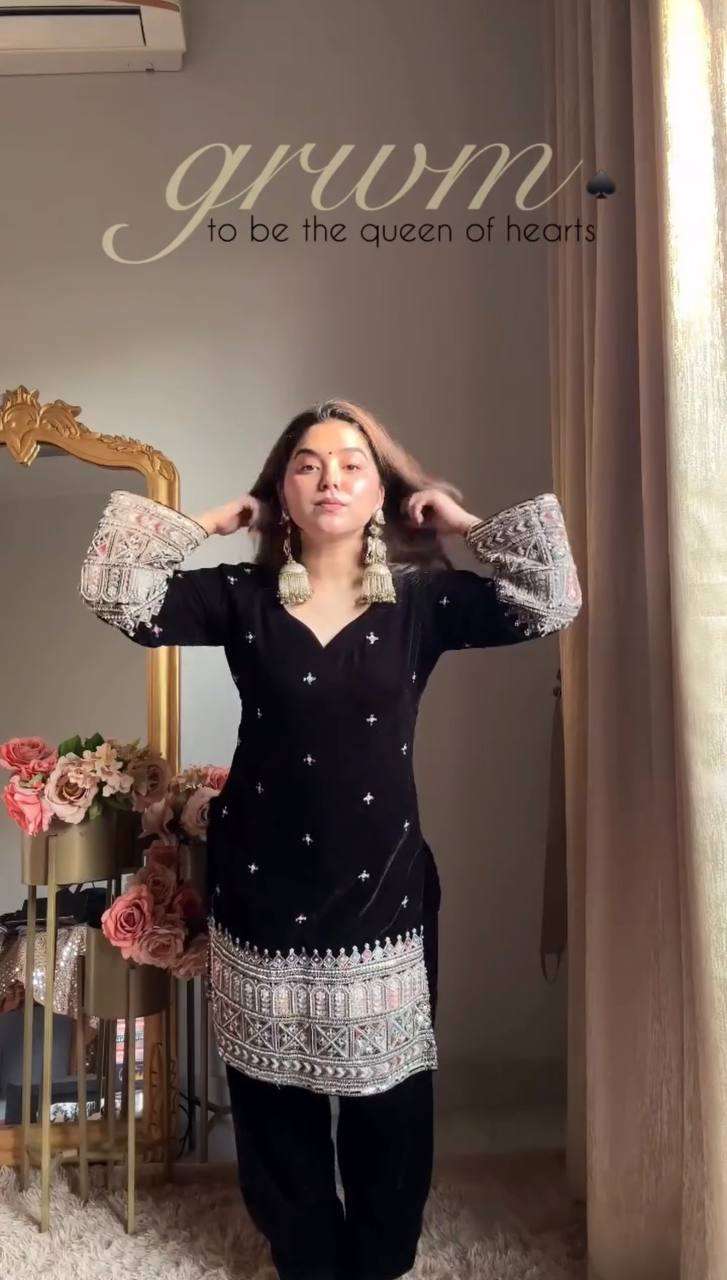 Premium Velvet Party Wear Top & Plazoo Set with Thread Sequence Dupatta