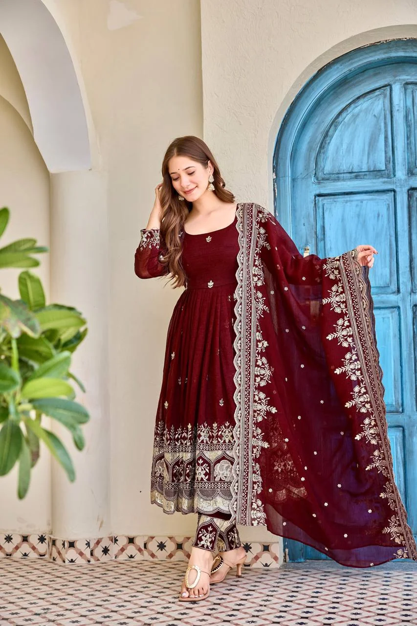 Royal Crunchy Silk Anarkali Outfit with Thread & Sequin Embroidery