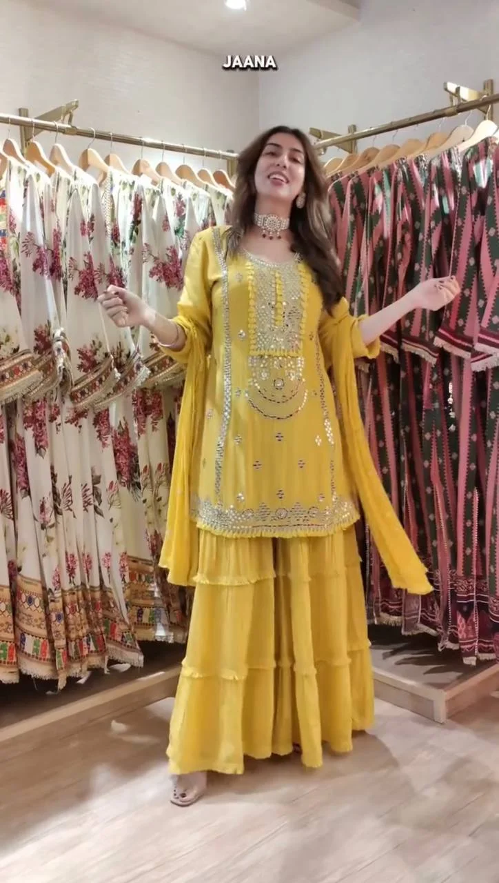 Sunshine Yellow Thread & Sequence Embroidered Sharara Suit Set