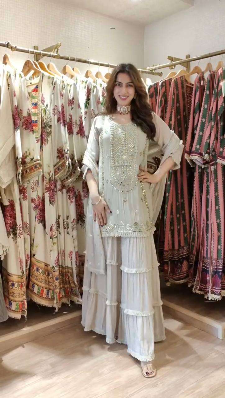 Graceful White Sharara Outfit with Embroidered Top & Dupatta