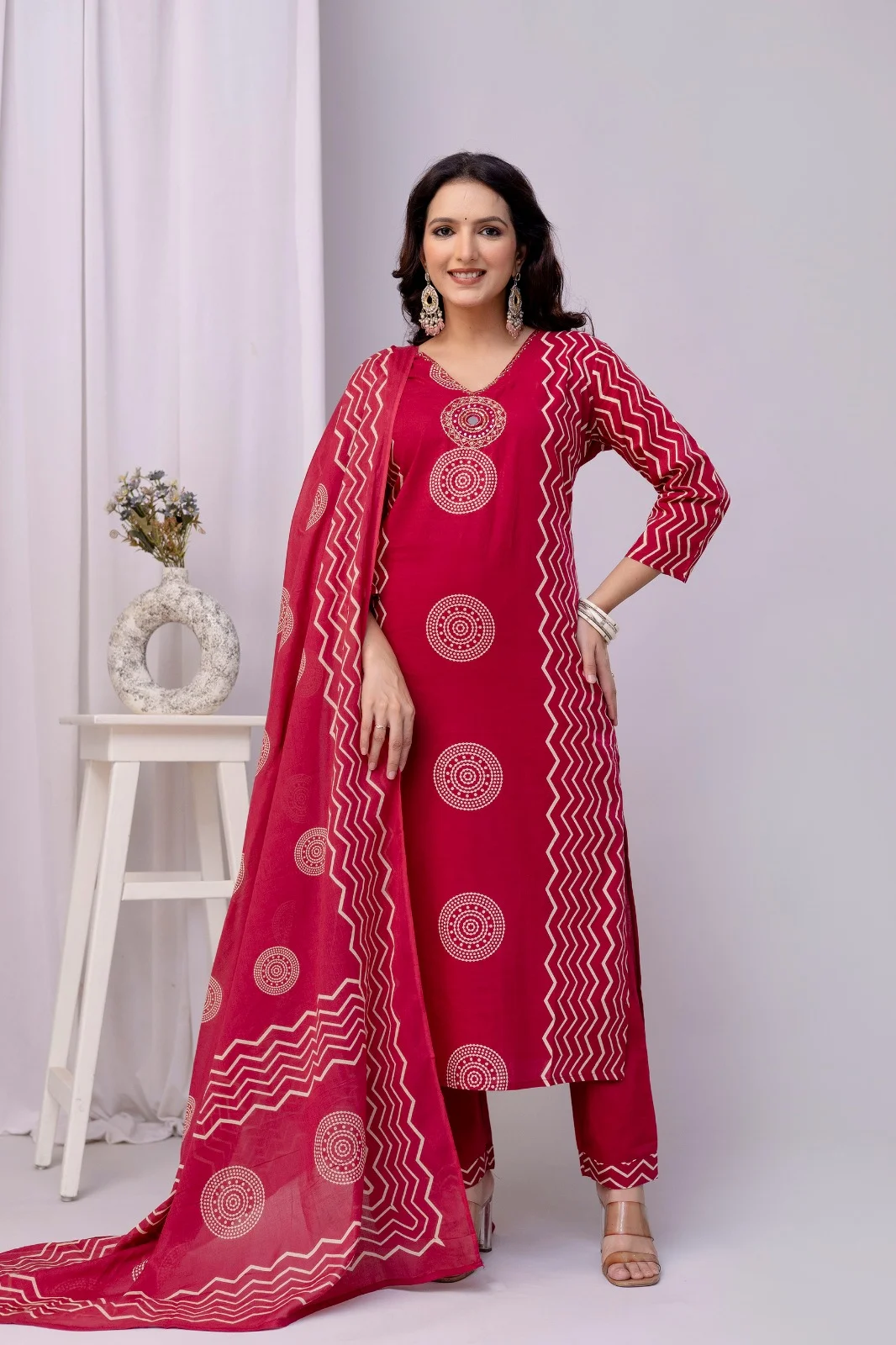Cotton Embroidered Kurta Pant with Original Mirror Work Printed Dupatta