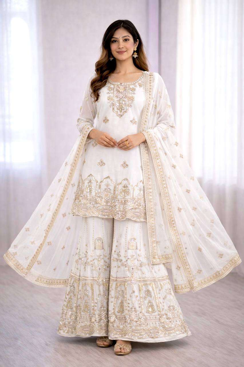 Graceful White Fox Georgette Sharara Set for Special Occasions