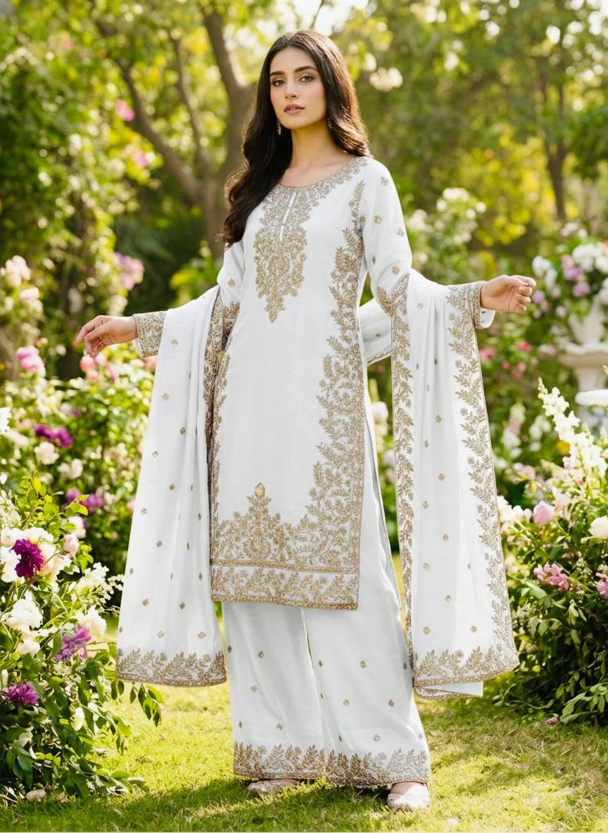 Eid Celebration Wear White GMY Silk Embroidered Top Plazzo Set