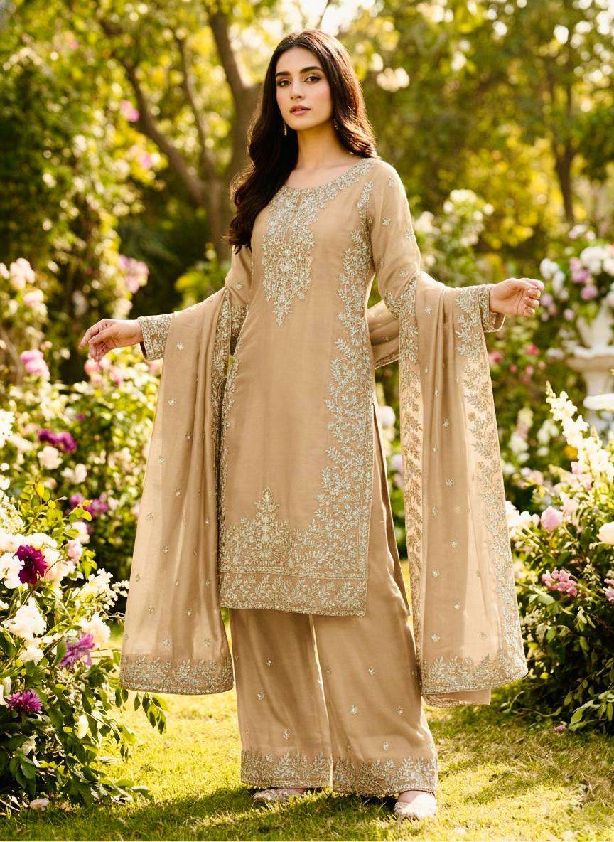 Traditional Beige GMY Silk Embroidery Work Top Plazzo Set