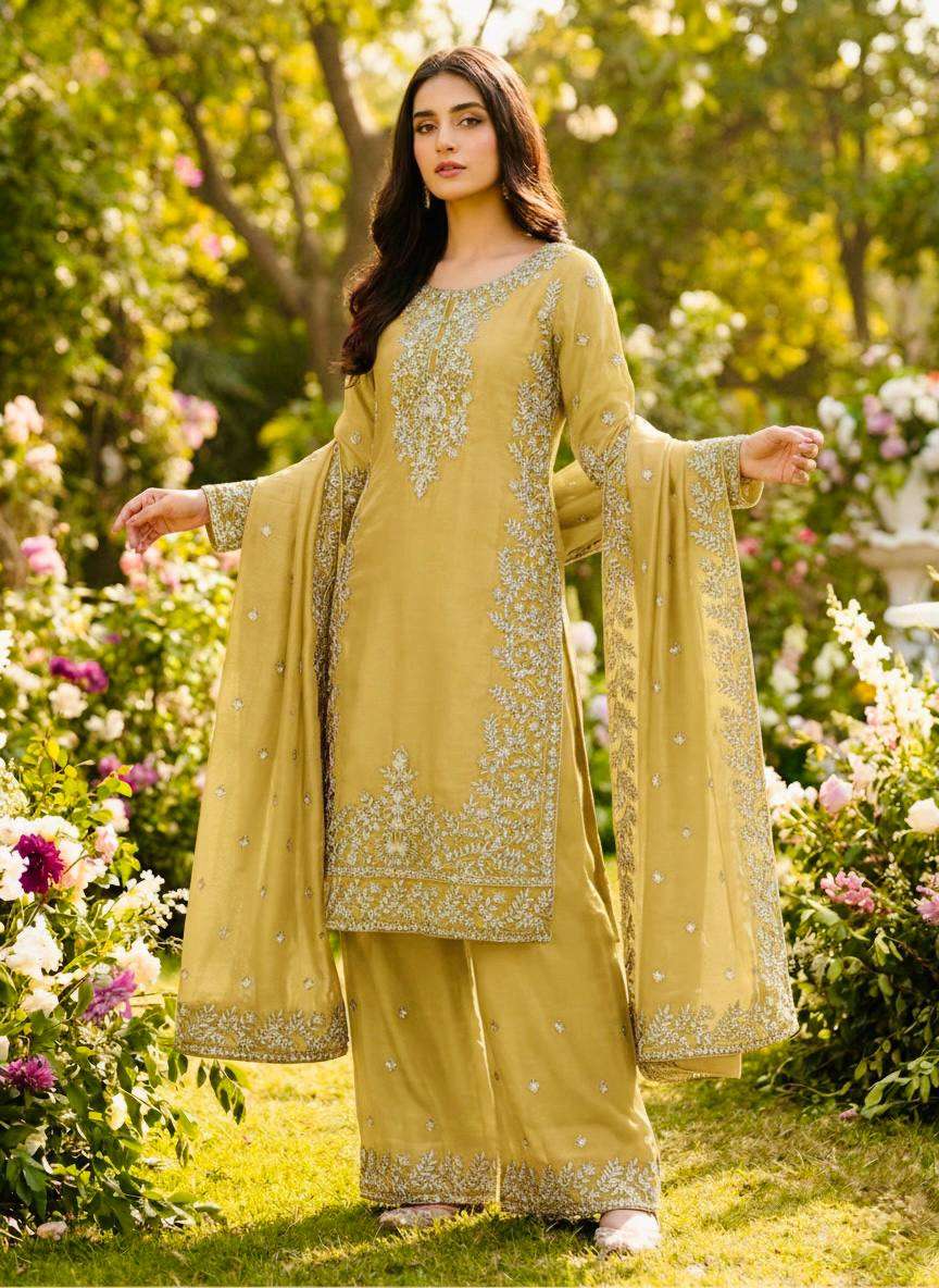 Graceful Yellow GMY Silk Top Plazzo Suit with Heavy Sequence Work