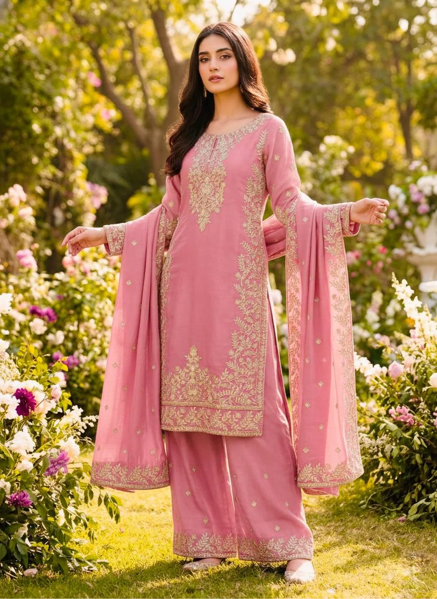Charming Pink GMY Silk Embroidered Top Plazzo Outfit
