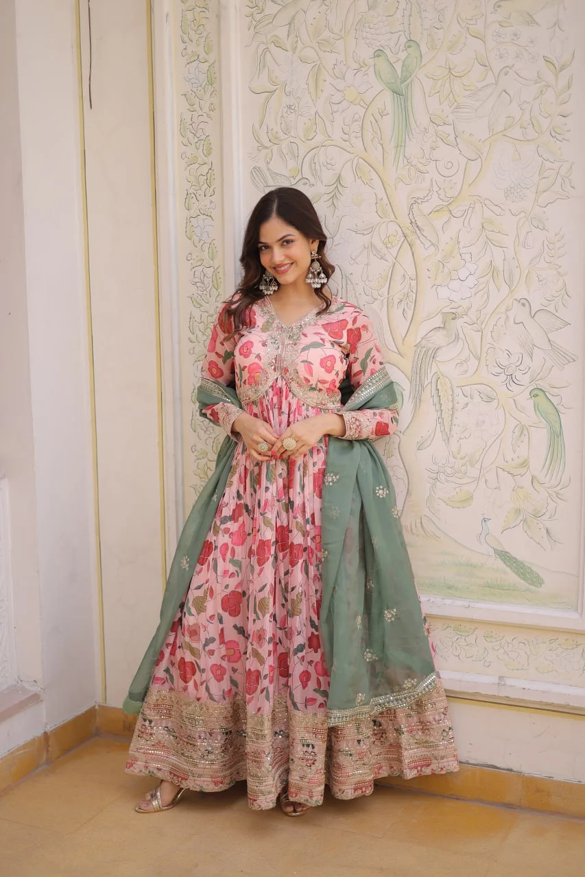 Flared Russian Silk Gown with Digital Print & Embroidery