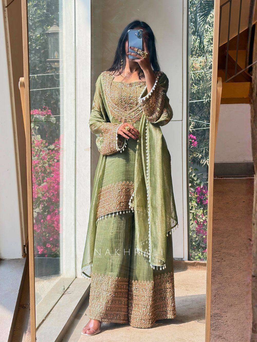 Elegant Green Fendy Silk Dori & Moti Work Suit Set