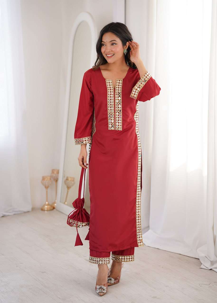 Elegant Mirror Work Kurti Pant Ensemble with Bell Sleeves