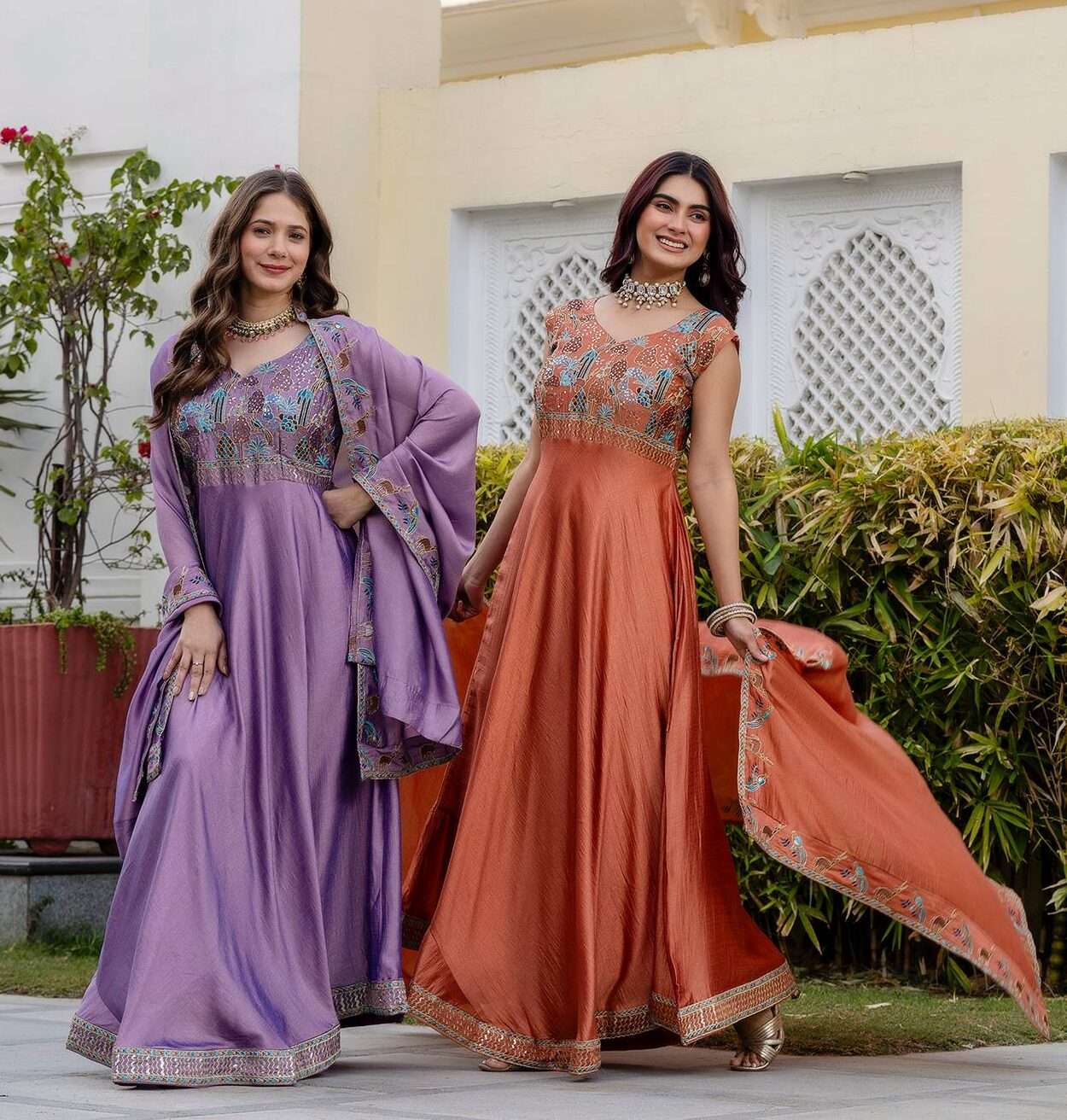 Premium Party Wear Vichitra Silk Gown with Embroidered Dupatta