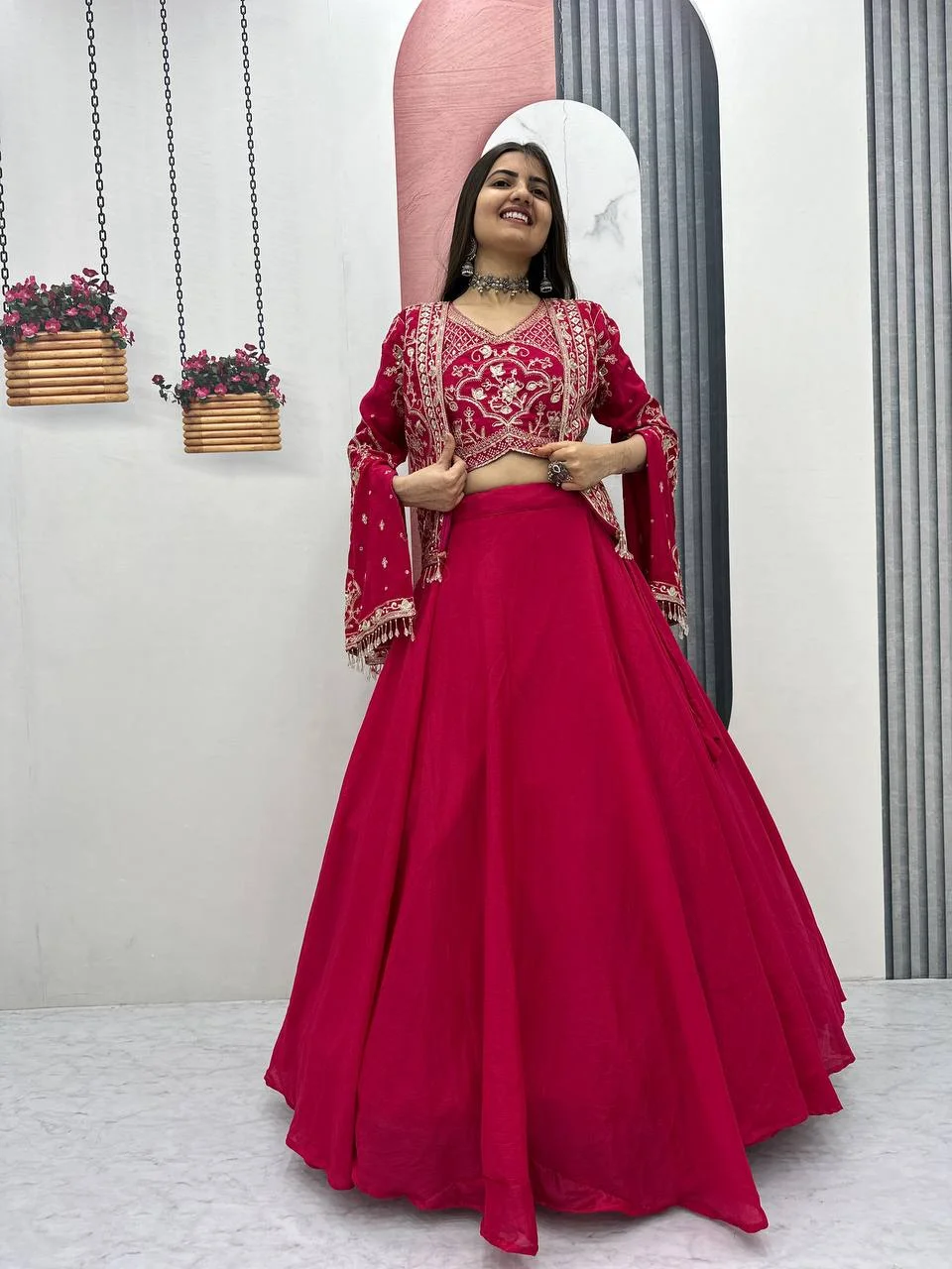 Elegant Chinon Embroidered Lehenga Set with Designer Jacket