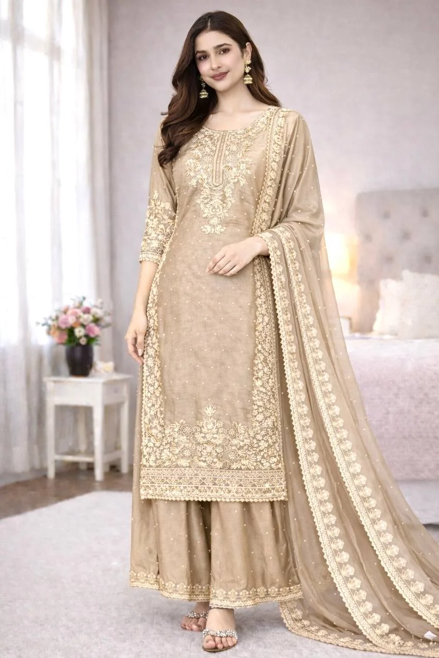 Classic Beige Embroidery Ensemble Kurti Plazzo Set – Eid Special