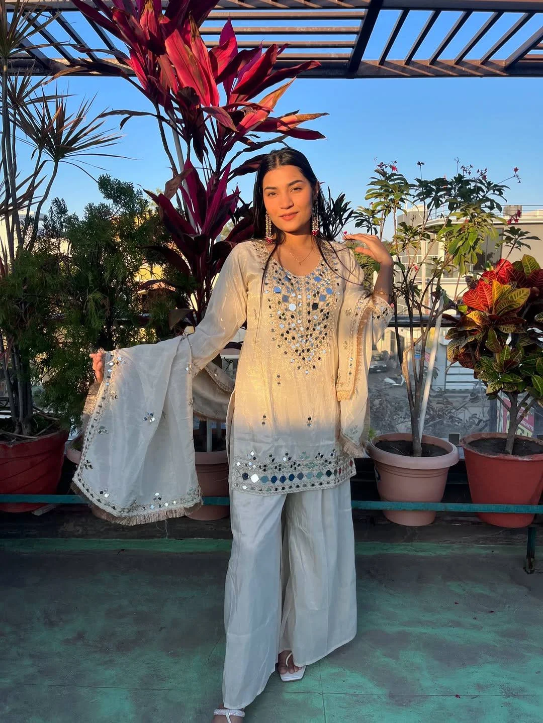 Eid Special Off-White Georgette Mirror Work Palazzo Set