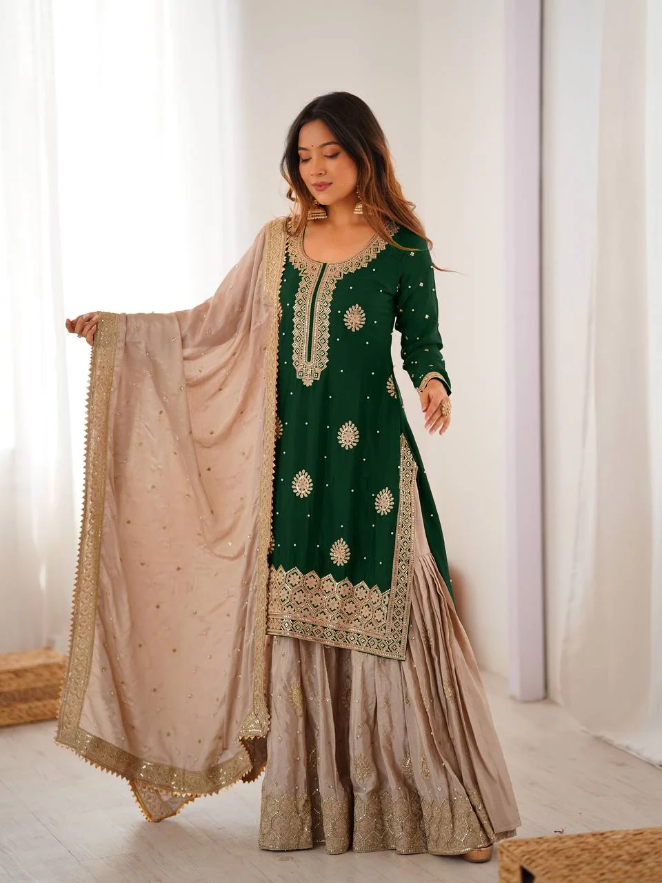 Graceful Green Chinon Silk Eid Sharara Set with Pearl Detailing